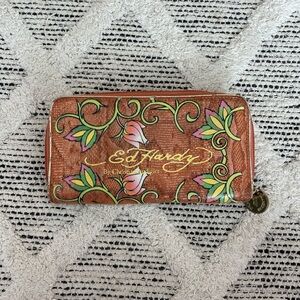 Ed Hardy Brown Wallet with Floral Design